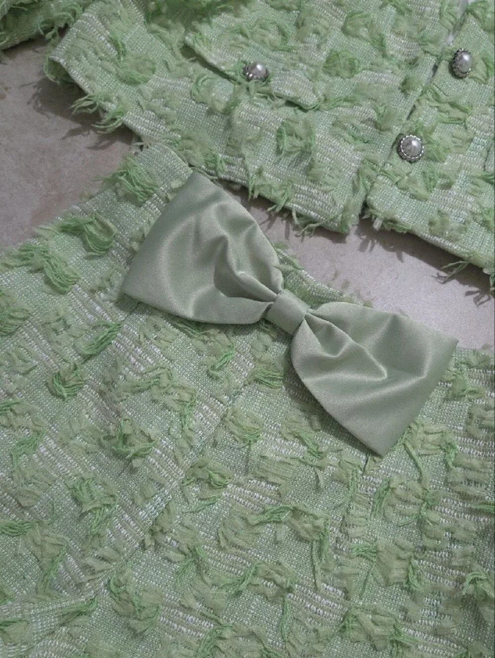 SHEIN Light Green Tweed Two-Piece Skirt Set with Pearl Buttons